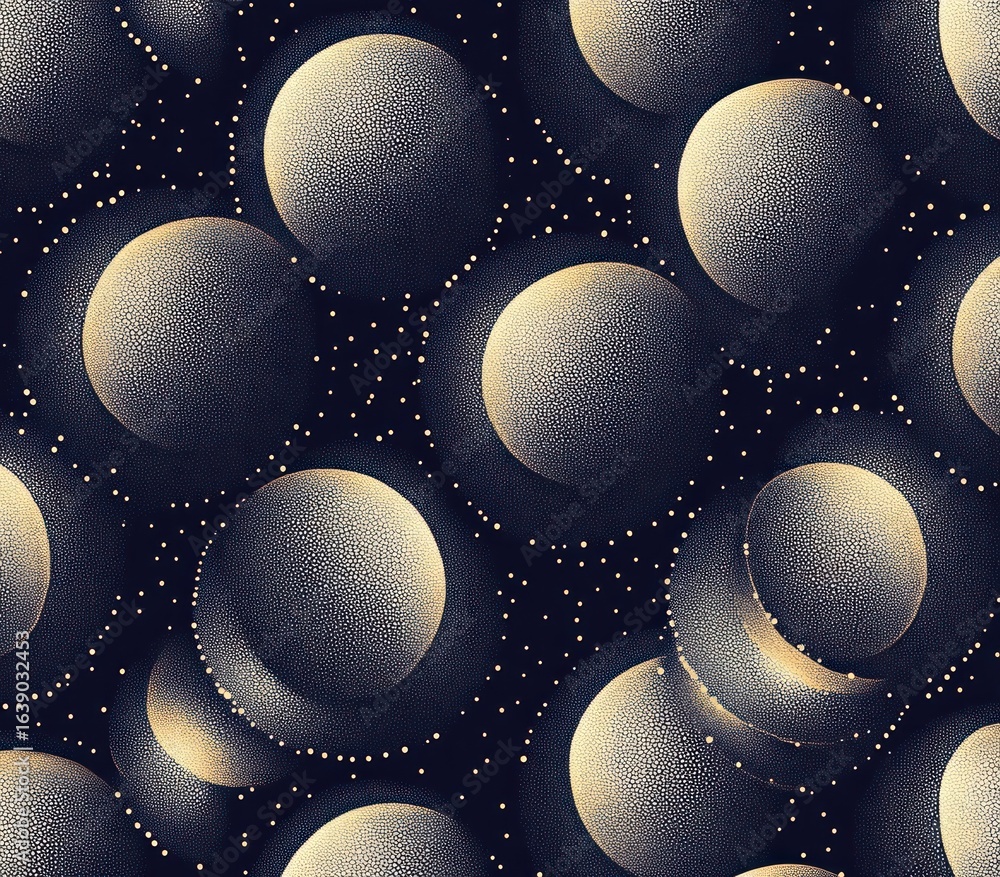 Poster abstract pattern of textured spherical shapes in shades of beige and dark blue with dotted circular 