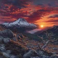 Fototapeta premium Majestic snow-capped mountain under dramatic fiery sunset sky with rugged rocky foreground and twisted dead tree