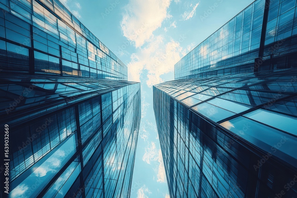 Poster view looking up between two tall modern glass skyscrapers reflecting blue sky and clouds creating a 