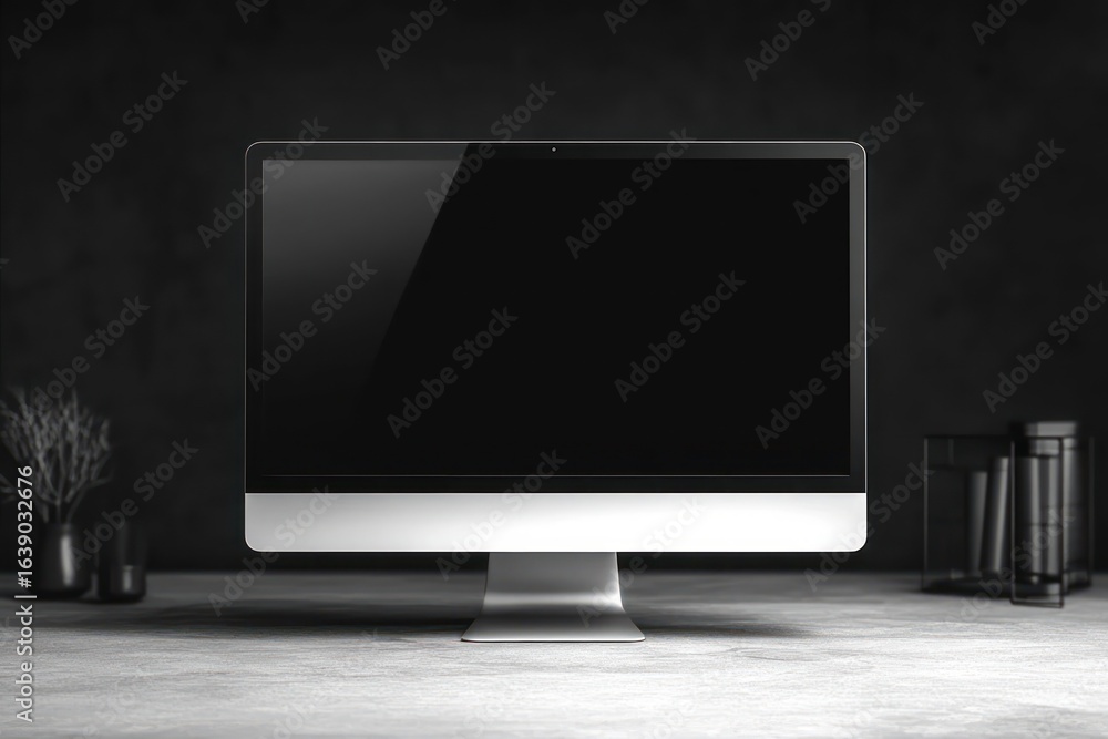 Fototapete sleek modern desktop computer with black screen on gray desk in minimalistic dark room with blurred 