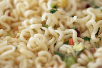 Noodles with spicy sauce and green onion chopped parts