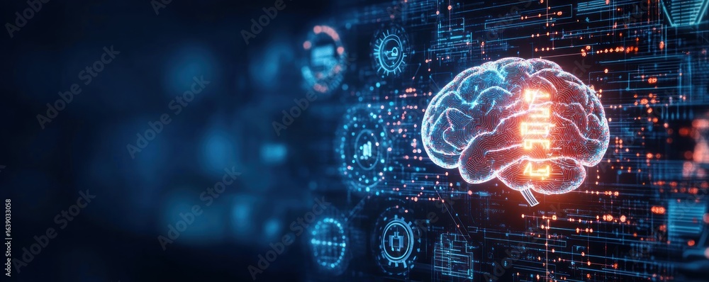 Poster digital representation of a human brain with interconnected glowing circuits and icons on a dark fut
