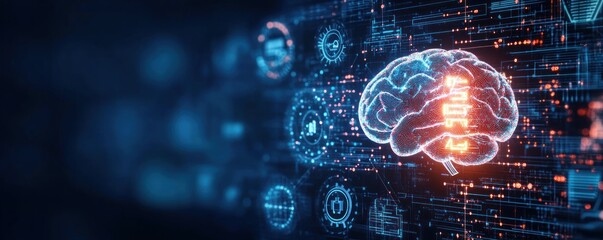 Digital representation of a human brain with interconnected glowing circuits and icons on a dark futuristic interface, symbolizing artificial intelligence and data processing