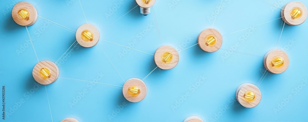 Poster network of small light bulbs mounted on wooden bases connected by thin strings on a blue background 