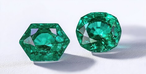 Fototapeta premium Two polished green gemstones with intricate facets reflecting light on a white surface, highlighting transparency and brilliance