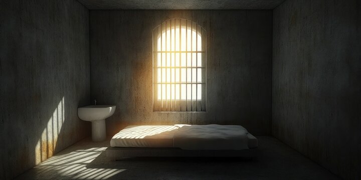 Sparsely furnished small room with barred window casting warm sunlight and shadows on a simple low bed and a wall-mounted sink, evoking a somber and confined atmosphere
