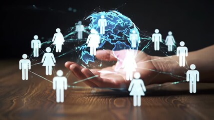 Hand Presenting Global Network of Abstract People Icons and Geometric Connections Overlaid on a Wooden Surface in a Conceptual Design - Powered by Adobe
