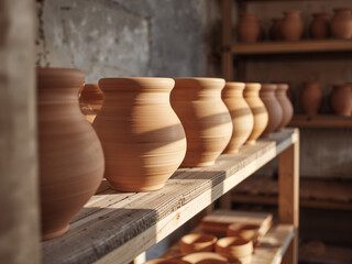 Terracotta pottery vessels displayed on wooden shelves earthenware vases