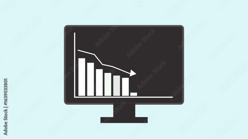 Poster business decline visualization with falling bar graph on computer monitor animation. minimalist desi
