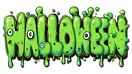 Green slime “Halloween” text with cartoon eyes, fun spooky vibe, great for kid-friendly Halloween posters, party invites, or playful decorations.