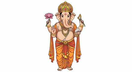 Illustration of Lord Ganesha Holding a Lotus Flower and Modak, Depiction of an Hindu God Ganesha in Traditional Attire and Symbolic Items