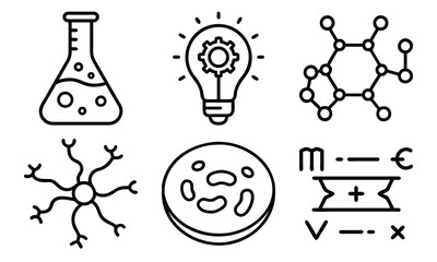 Science and Laboratory Line Icons Chemistry, Physics, Biology, Space, Robotics, Data, and Medical Vector Icon Set for Education, Research, and STEM Projects