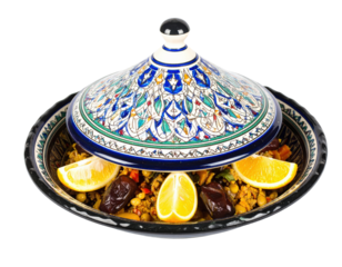 Traditional Moroccan tagine stew with dates and lemon served in an ornate handpainted blue and white ceramic pot.
