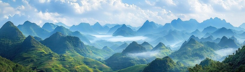 Fototapeta premium Expansive panoramic view of lush green mountainous landscape with mist and clouds creating a serene and tranquil atmosphere