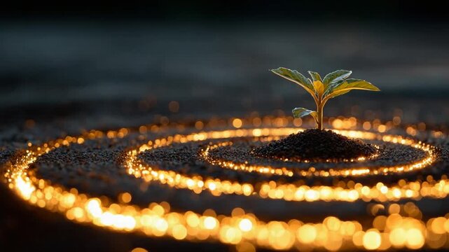 A lone sapling grows from soil with glowing circles of light in a dark, blurred setting. Focus is on the plant
