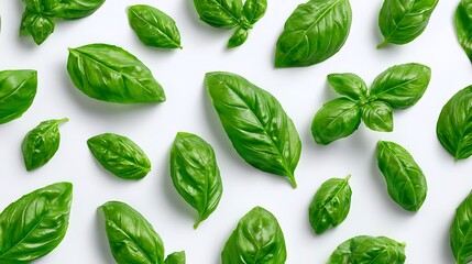 Obraz premium Scattered fresh basil leaves on a white surface creating a vibrant and aromatic food background image