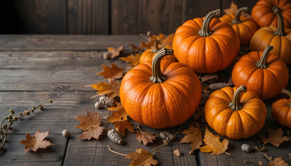 Pumpkins on rustic wooden table with autumn leaves, warm tones, cozy fall harvest setting, professional still life stock image
