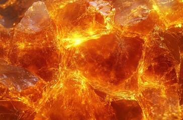 Close-up view of translucent amber-colored ice cubes illuminated by warm light creating glowing reflections and textures