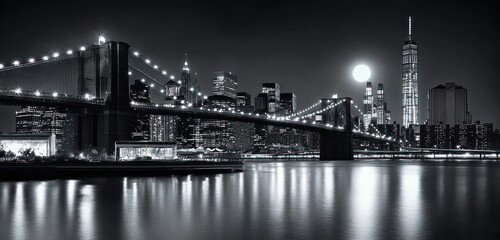 black and white nighttime cityscape featuring illuminated suspension bridge over calm water with city skyline and full moon in background