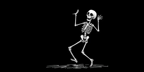 A whimsical skeleton joyfully dances, sketched in a scratchboard style, evoking Halloween fun,  illustration,  fun