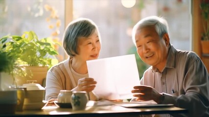 手紙を読んで喜ぶ日本人のシニア夫婦、敬老の日の動画 - Powered by Adobe