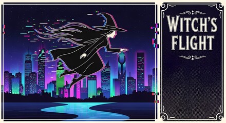 Obraz premium Witchy Glitch Neon Skyline Soar, magical digital spooky vibrant night cityscape flying glitchy supernatural glowing fantasy ethereal energy futuristic enchanted mysterious celebration atmosphere
