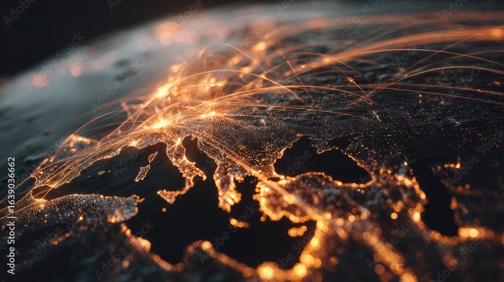 Poster illuminated night view of europe with global connectivity and network lines depicted through digital