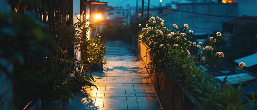A street with a lamp and flowers in the fore