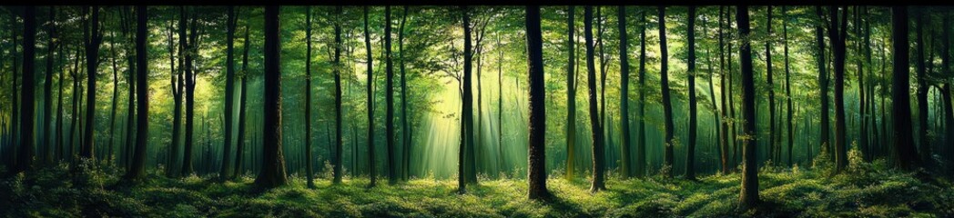 Fototapeta premium Sunlight filtering through tall, slender trees in a dense green forest with soft shadows and lush undergrowth, evoking a peaceful and serene atmosphere