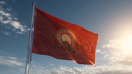 Kyrgyzstan celebrates Independence Day with the national flag waving proudly against a clear blue sky