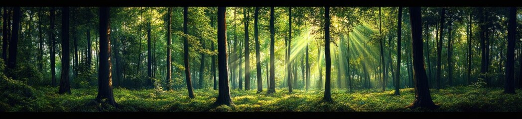 Fototapeta premium Sunlight streaming through tall trees in a lush green forest with dense foliage and a serene atmosphere