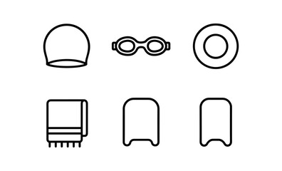 Minimalist swimming equipment icons: cap, goggles, lifebuoy, towel, kickboard, training tools