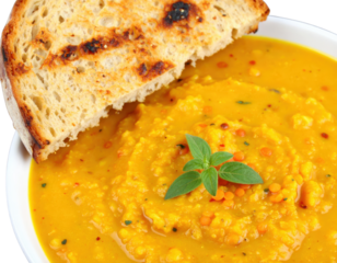 Hearty yellow lentil soup with a fresh basil garnish and a slice of grilled crusty sourdough bread.
