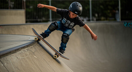 A young boy with a helmet and protective pads is riding his skateboard down a ramp at a skate park, showcasing his skills