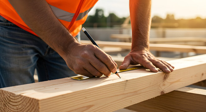 Carpenter marking wood plank with pencil, construction worker measuring lumber, building site job, engineering project, skilled professional, sunlight