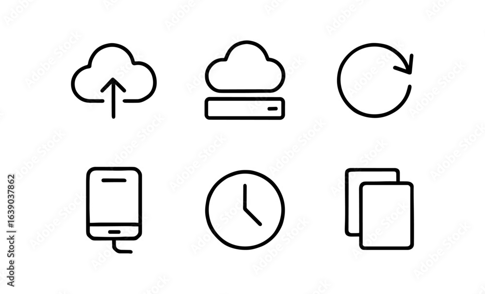 Poster minimalist cloud and tech icons set with linear style for digital applications