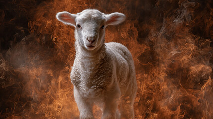Obraz premium Lamb in Flames: A serene lamb stands defiantly against a backdrop of fiery flames, evoking a sense of resilience and courage in the face of adversity. 