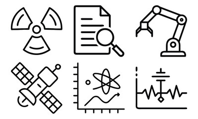 Science and Laboratory Line Icons Chemistry, Physics, Biology, Space, Robotics, Data, and Medical Vector Icon Set for Education, Research, and STEM Projects