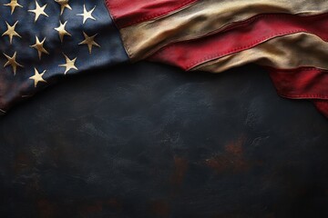 Partially visible American flag with stars and stripes draped over dark textured background evoking a sense of patriotism and solemnity