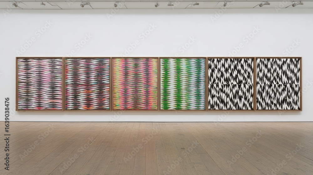 Poster abstract art installation featuring vibrant colors and unique patterns in modern gallery space