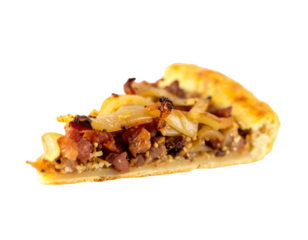 Goldenbaked slice of savory tart with caramelized onions and crispy bacon bits.