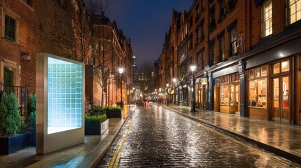 Fototapeta premium Illuminated Display on Rainy Cobblestone Street in Historic Urban Area at Night with Reflective Puddles and Architectural Details