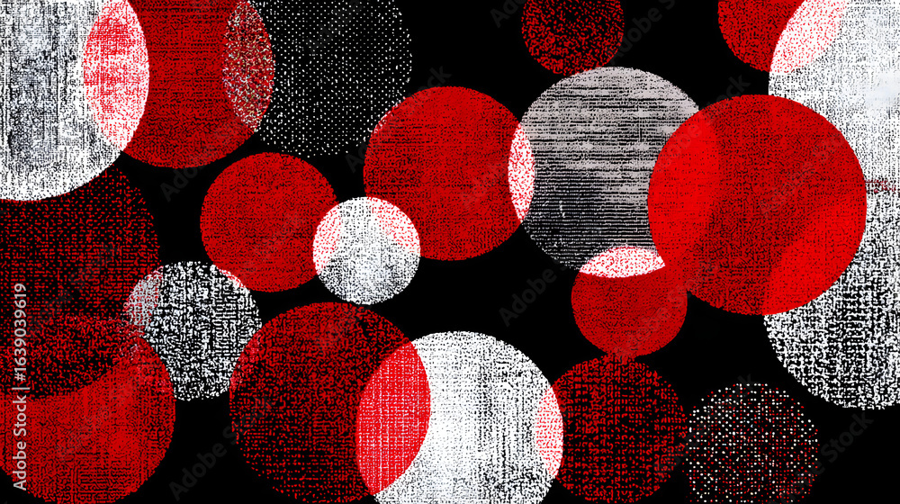 Aufkleber abstract red and white circles on a black background: a bold and striking geometric abstract design 