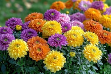 Bright and colorful garden filled with vibrant yellow, orange, purple, and pink chrysanthemum flowers in full bloom, creating a lively and cheerful atmosphere