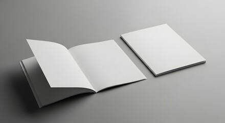 Blank Canvas: Open and Closed Notebooks Mockup on Grey Background (AI Generated)