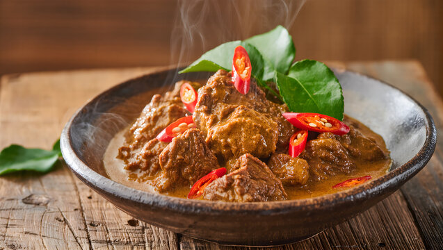 Close-up of tender beef rendang in thick coconut curry sauce, steam rising, rustic wooden background, natural daylight, shallow depth of field, appetizing presentation