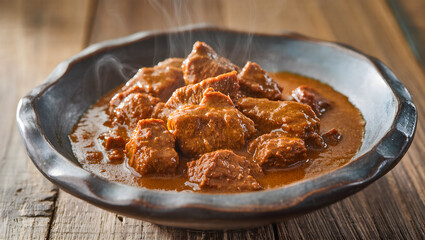 Close-up of tender beef rendang in thick coconut curry sauce, steam rising, rustic wooden background, natural daylight, shallow depth of field, appetizing presentation