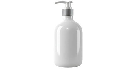 Fototapeta premium Sleek white glossy pump bottle with a grey dispenser and ribbed metallic collar.