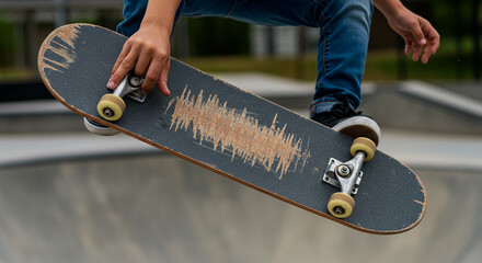 A close-up of a skateboarder's hand grabbing the skateboard's deck in mid-air, showing the worn texture of the grip tape and wheels