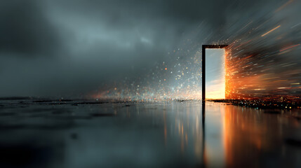 Threshold of Possibilities: A surreal scene of an open doorway reveals a radiant sunset beyond a storm, symbolizing hope, new beginnings, and the courage to step into the unknown.